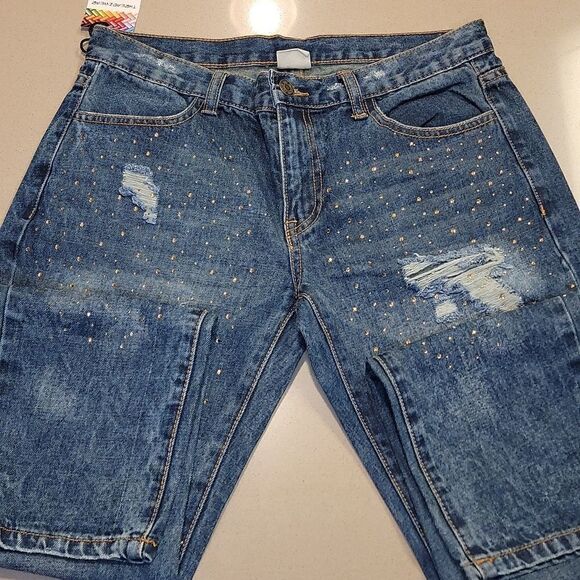 Litz Mid Rise Distressed Jeans with gold bling - Picture 13 of 16